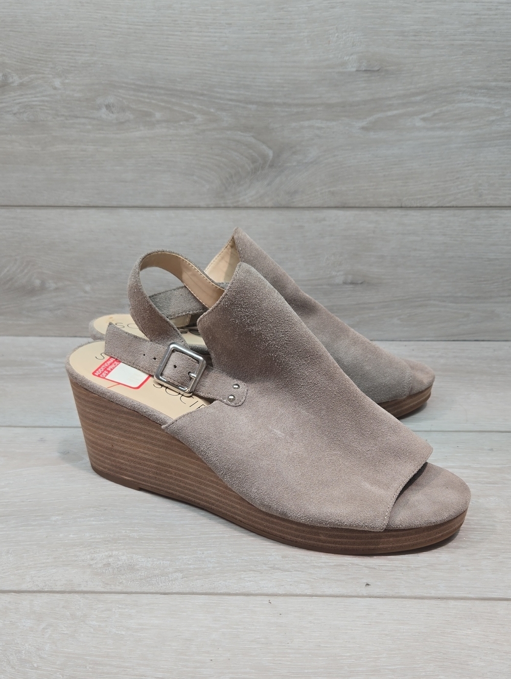 Sole Society Women Ceiliah Suede Peep-Toe Wedge Sandals Taupe Shoes Sz 11M